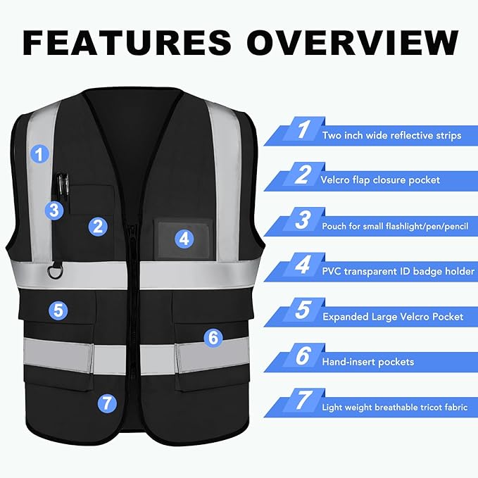 XPCARE 2-Pack Reflective Safety Vests with Pockets,Hi Viz Zipper Front Safety Vest,High Visibility Reflective Strips Working Vest-Black(Large)