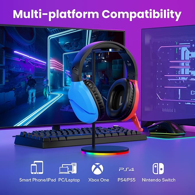 Wireless Gaming Headset with Noise Canceling Microphone for PS5, PC, PS4, 2.4G/Bluetooth Gaming Headphones with USB and Type-c Connector, Wired Mode for Controller - Blue and Red