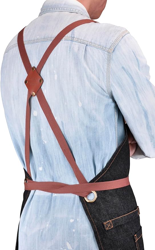 Denim Chef Apron with Pockets, Mens Womens Professional Kitchen Bib Black Apron for Cooking Grill BBQ Server, with Cross Back Straps and Towel Loop