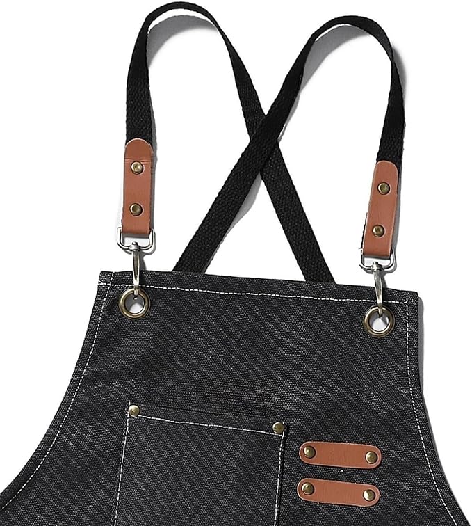 Chef Apron Medium-Thick Cotton Canvas,Cross Back with Multiple Pockets Adjustable Work Apron for Men and Women (Black)