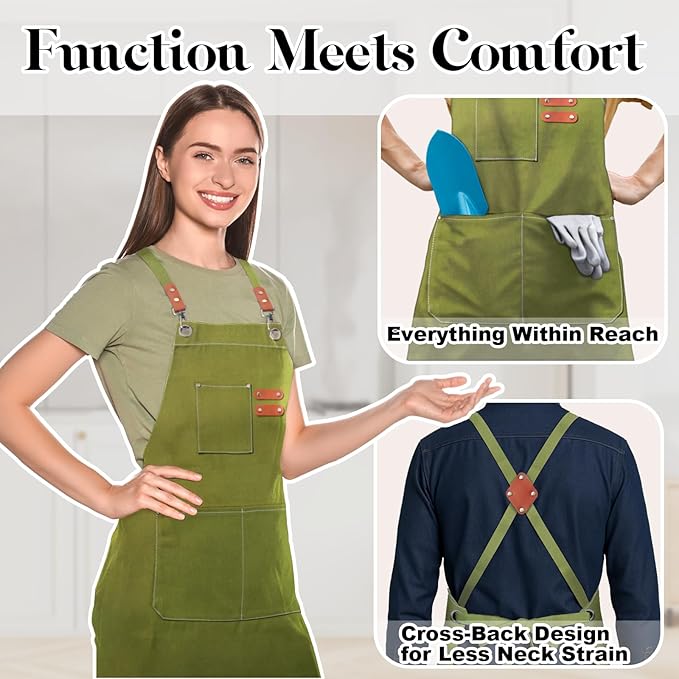 Chef Apron for Men Women with Pockets,Cross Back Cotton Canvas Plus Size Apron for Cooking BBQ Baking Gardening