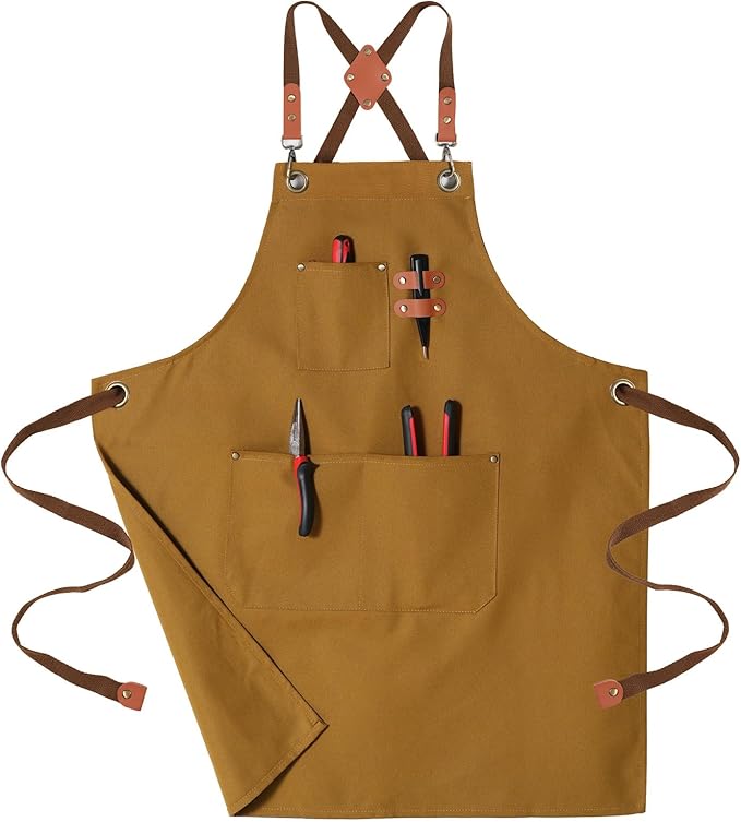 Chef Aprons for Men Canvas Apron with Large Pockets and Adjustable Neck Strap for Cooking, BBQ, Gardening