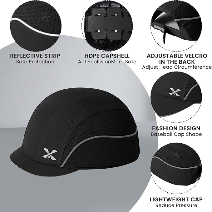 TIHEEN Unisex Safety Bump Cap, Baseball Hat Style with Reflective Stripes Lightweight and Breathable Hard Hat Head Protection Cap