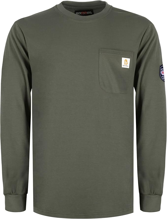 BOCOMAL FR Shirts Crewneck 7oz Midweight Flame Resistant Clothing NFPA2112 CAT2 Men's Fire Retardant Work Shirt