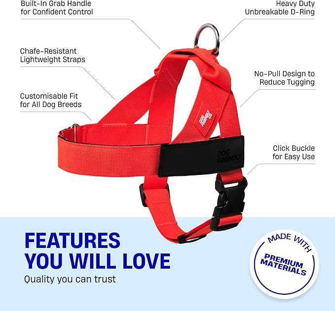 DF Co. Dog Harness | Chafe Resistant Webbing, Adjustable Neck & Chest, and Heavy Duty D-Ring | Sturdy, Comfortable, Easy to Use | Red, Size XS