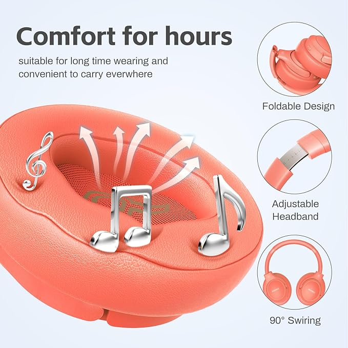 BERIBES Bluetooth Headphones Over Ear, 65H Playtime and 6 EQ Music Modes Wireless Headphones with Microphone, HiFi Stereo Foldable Lightweight Headset (Orange red)
