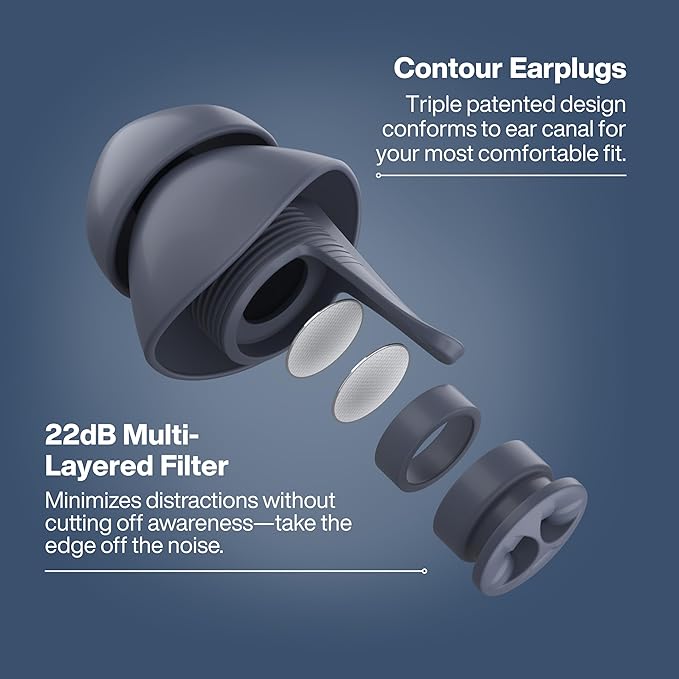 EarPeace Everyday Ear Plugs for Noise Reduction & Noise Control – High-Fidelity Earplugs, Comfortable & Reusable Earplugs for Travel, Sleep, Work, Snoring Blocking, Includes Carrying Case – (Navy)