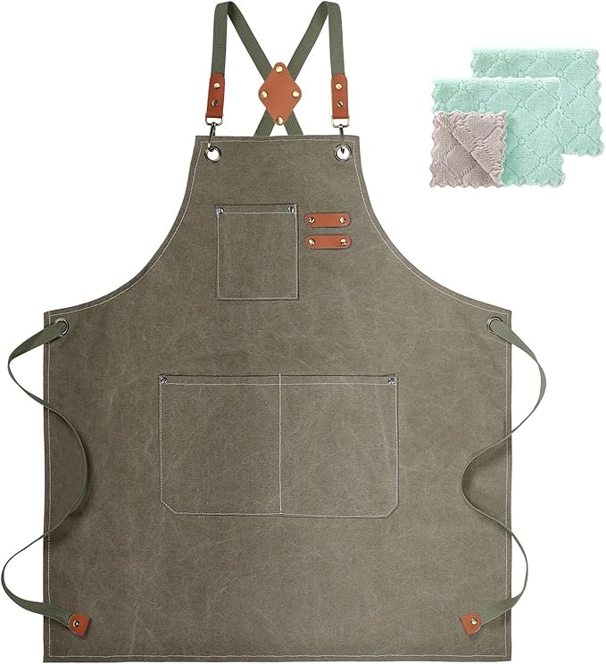 Cotton Canvas Cross Back Apron for Men and Women,Chef Apron With Adjustable Strap and Large Pockets,Kitchen Cooking Baking Bib Heavy Duty Work Apron