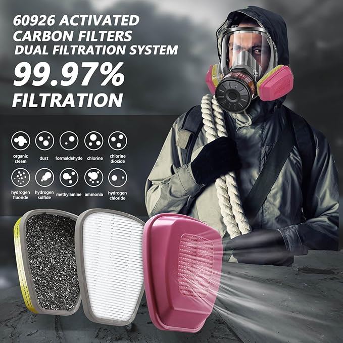 Gas Masks Survival Nuclear and Chemical - Gas Mask with 40mm Activated Carbon Filter & 60926 Filter - Full Face Respirator Mask for Gases Chemicals Vapors Paint Welding Dust
