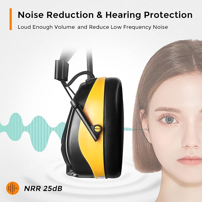 AM/FM Radio Headphones 25dB NRR,Noise Reduction Safety Earmuffs,Digital Display Headset,Powered by AA Battery,Hearing Protection for Walkman Mowing Lawn Work(Yellow)