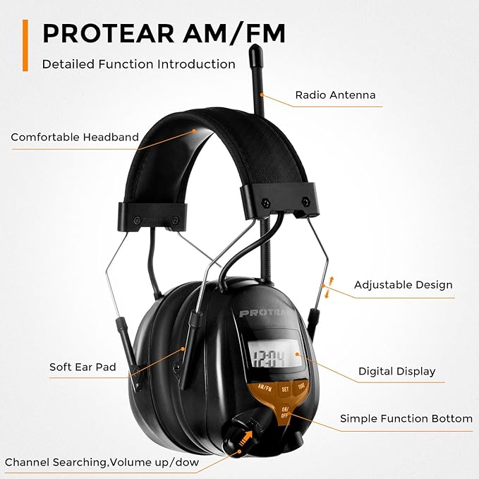 AM/FM Radio Headphones 25dB NRR,Noise Reduction Safety Earmuffs,Digital Display Headset,Powered by AA Battery,Hearing Protection for Walkman Mowing Lawn Work(Black)