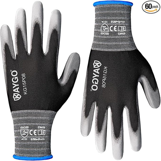 KAYGO Work Gloves PU Coated-60 Pairs, KG15P,Nylon Lite Polyurethane Safety Work Gloves, Gray Polyurethane Coated, Knit Wrist Cuff,Ideal for Light Duty Work(M (60Pairs), Black)