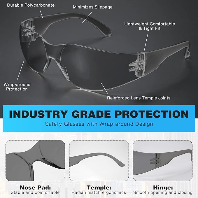 WFEANG Clear Safety Glasses 100 Pair Protective Eyewear for Men Women, ANSI Z87.1 Scratch & Impact Resistant Eye Protection for Work, Lab, Construction (Grey-100pack)