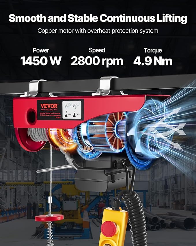 VEVOR Electric Hoist 1760lbs with 14ft Wired Remote Control, Electric Hoist 110 Volt with 40ft Single Cable Lifting Height & Pure Copper Motor, for Garage Warehouse Factory