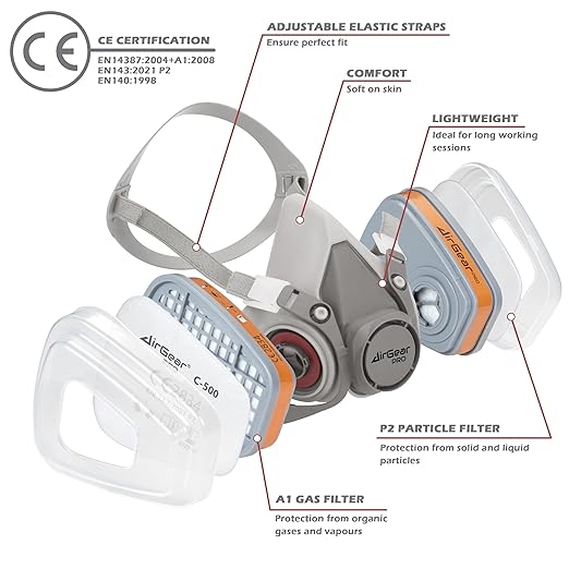 AirGearPro M-500 Reusable Respirator Mask with A1P2 Filters | Anti-Gas, Anti-Dust | Gas Mask Ideal for Painting, Woodworking, Construction, Sanding, Spraying, Chemicals, DIY etc