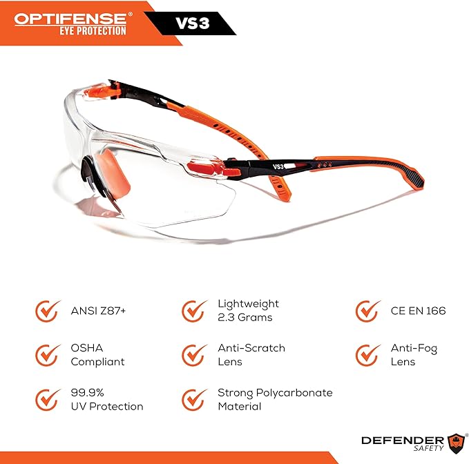 OPTIFENSE™ VS3 Anti Fog, Premium CLEAR/TINTED Safety Glasses, ANSI Z87+ (Click for frame/lens option)