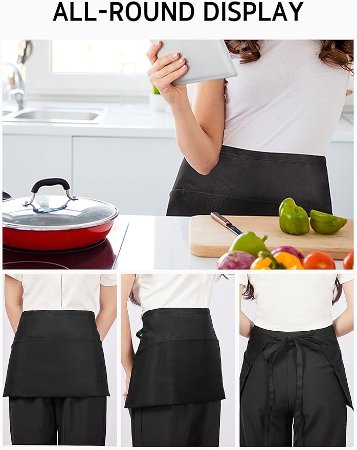 Syntus 2 Pack Server Apron with 3 Pockets, Waterdrop Resistant Waitress Waiter Waist Apron, 11.5-inch Black
