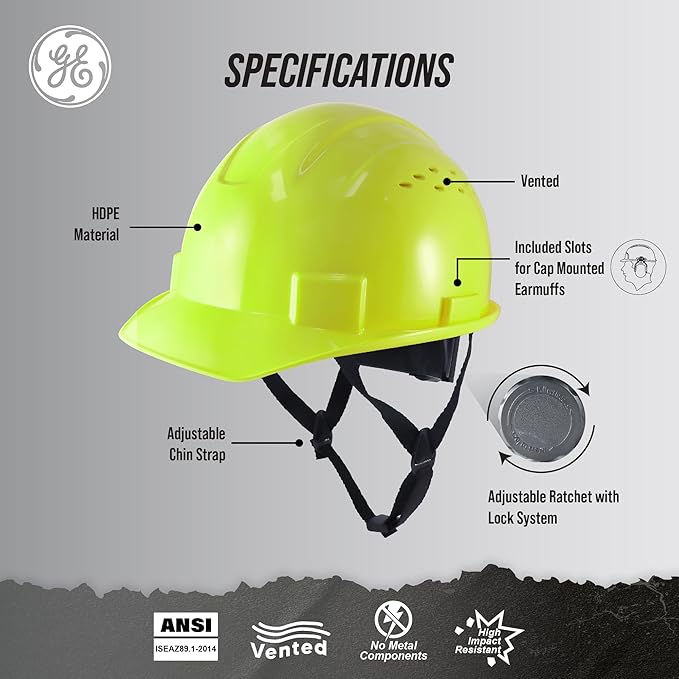 GE Cap Style Hard Hat, 4-Point Ratchet Suspension, Earmuff Slots, High Impact Resistant, Sweat-Wicking Sweatband, Meets ANSI Z89.1-2014, Comfortable, and Protective - Hi-Vis Line, Vented