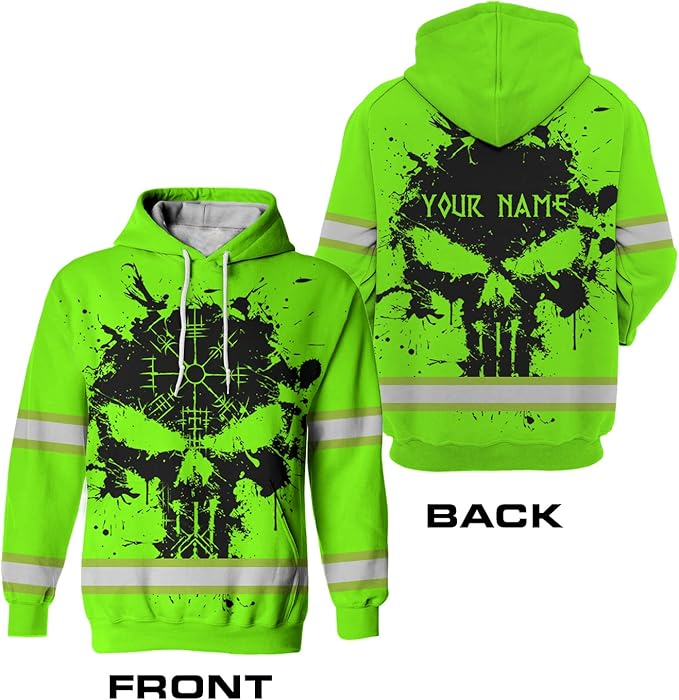 Matedecor Skull High Visibility Shirt Men Reflective Safety Shirts US Flag Custom Name Workwear, Runners, Walkers, Patriotic