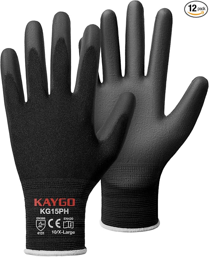 KAYGO Work Gloves PU Coated 12 Pairs, KG15P,Nylon Liner with Flexible Polyurethane Coating,Safety Work Gloves for DIY, Assembly, Warehouse, Light Duty Work (XL,Black)