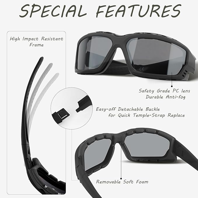 Anti-Fog Safety Motorcycle Riding Sunglasses Foam padded Goggle, Dustproof, Windproof, Hunting, Hiking, Golfing