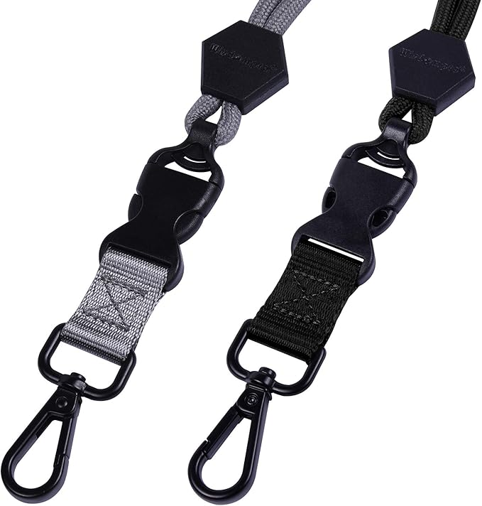 Wisdompro 2 Pack of 23 inch Durable Round Cord Heavy Duty Lanyard with Safety Breakaway Buckle, Detachable Buckle and Metal Hook for ID Card Badge Holder and Keys - Black and Gray