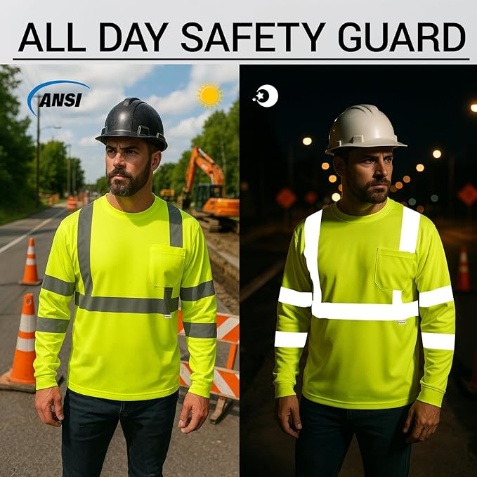 Hi Vis Class 3 Reflective Safety Shirt - Fluorescent Yellow for Construction, Road Work, Night Safety
