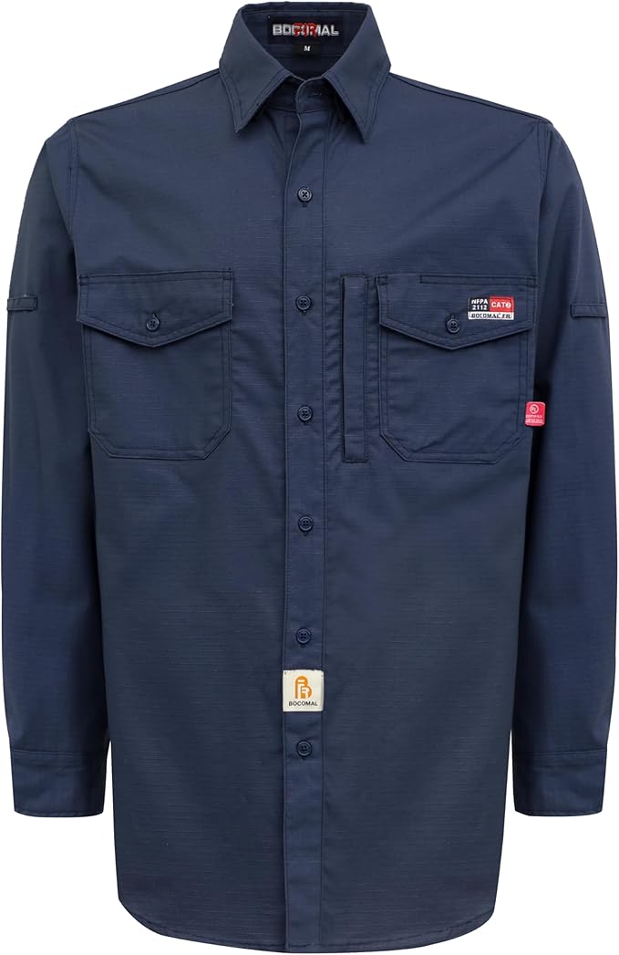 BOCOMAL FR Shirts 6oz Ripstop Durable Rugged Zipper Pocket Water Repellent Finish Fire Resistant Shirt-CAT2
