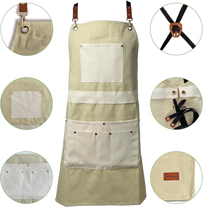 Barber Hair Stylists Working Apron Waterproof Canvas Chef Kitchen Apron with 6 Pockets