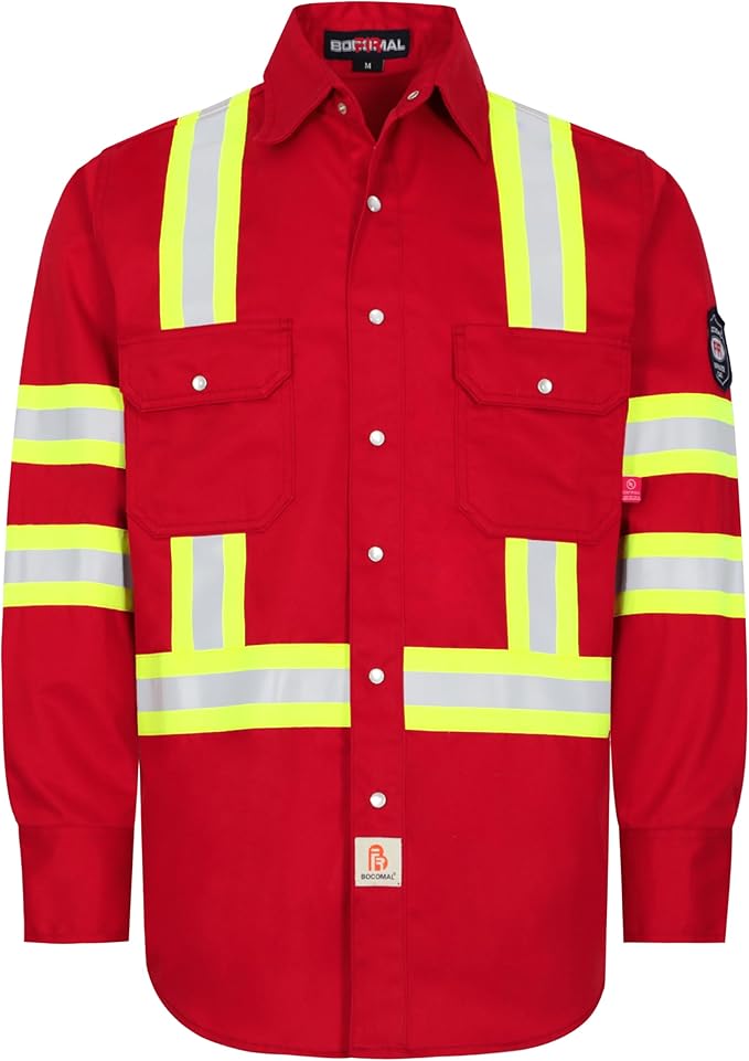 BOCOMAL FR Shirts High Visibility/Hi Vis Flame Resistant/Fire Retardant Shirt 7.5oz Men's Reflective Shirts