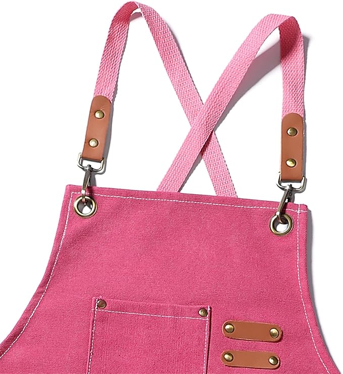 Chef Apron Medium-Thick Cotton Canvas,Cross Back with Multiple Pockets Adjustable Work Apron for Men and Women (Pink)