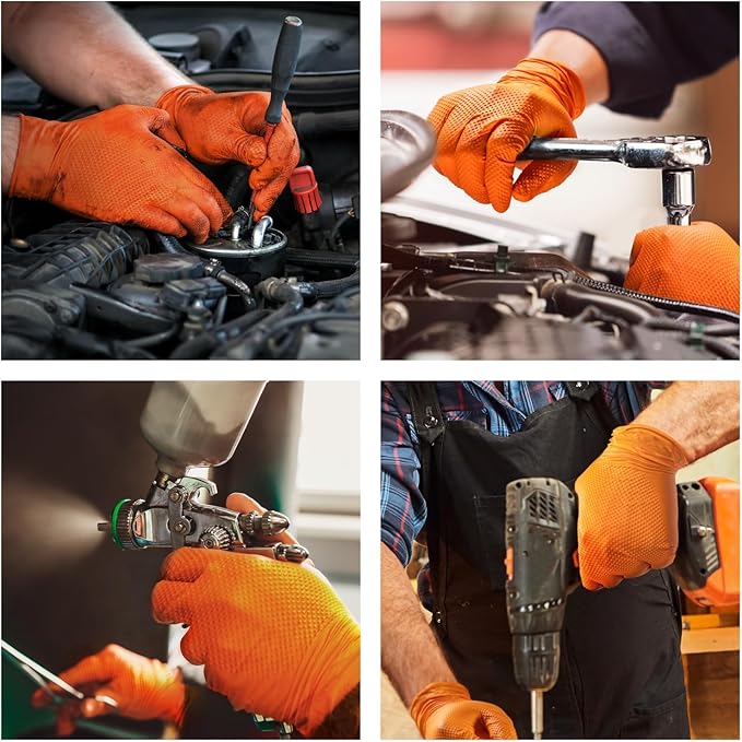 10 Mil Nitrile Disposable Gloves Heavy Duty Mechanic Gloves Raised Diamond Texture Thick (Orange of 1000,Medium)