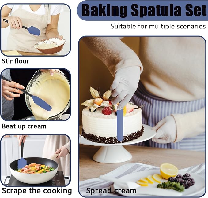 Oven Mitts with Heat-Resistant Hot Pads and Five Silicone Spatulas Designed for Kitchen Baking Cooking, Oven Glove Soft Cotton Lining, Waterproof, BPA-Free (Dark Blue, 15.7)