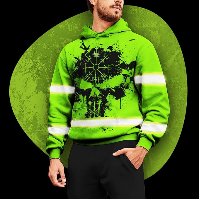 Matedecor Skull High Visibility Shirt Men Reflective Safety Shirts US Flag Custom Name Workwear, Runners, Walkers, Patriotic