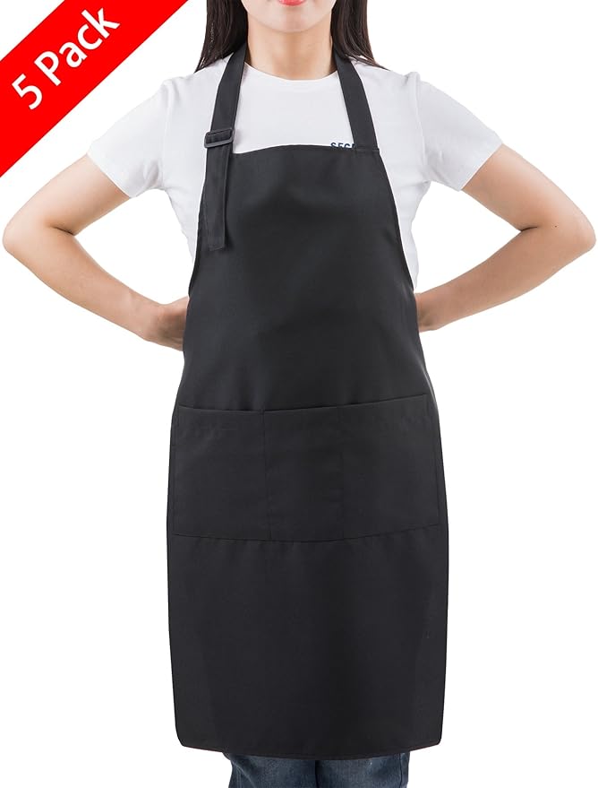 (5 set Black Professional Resist Water Adjustable Extra Long Bib Apron 3 Pockets Home Kitchen Garden Restaurant Cafe Bar Pub Bakery for Cooking Chef Baker Servers Craft Unisex