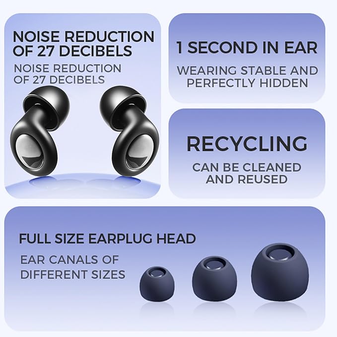 Sleeping Ear Plugs Noise Cancelling, Reusable Silicone Sleeping Earplugs, Noise Reducing for Travel, Focus, Hearing Protection, 32dB Noise Blocking Advanced