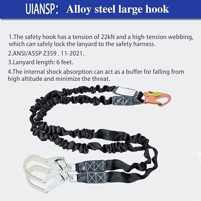 6ft Safety Harness Lanyard Double Leg Internal Shock Absorbing Safety Fall Protection Lanyard with Rope Harness Safety Lanyard Dual Rebar & Snap Hook Roofer Fall Protection Equipment（Alloy Steel）