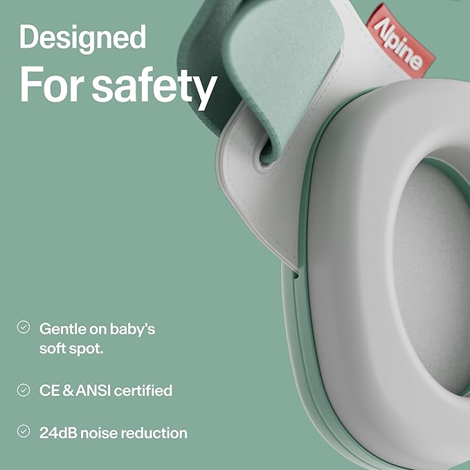 Alpine Muffy Baby Comfort - Protects Hearing for Babies and Toddlers - CE & ANSI Certified - Unique Headband for Safe fit & Comfort - Multi-adjustable for Ages 3-48 Months, 24dB Sound Reduction, Green
