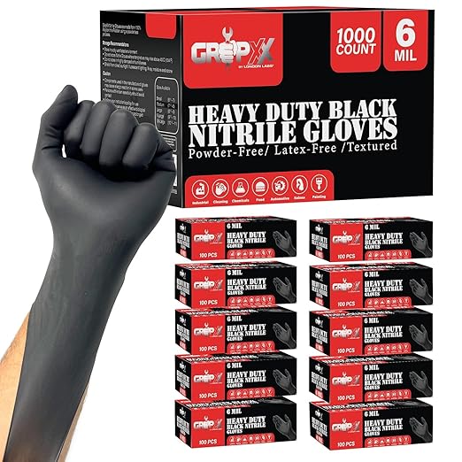 Heavy Duty 6 Mil Black Nitrile Gloves - Disposable, Latex & Powder Free | Mechanic, Food Prep & Tattoo | Rubber Gloves for Cooking, Cleaning & Household |Bulk Case of (1000)
