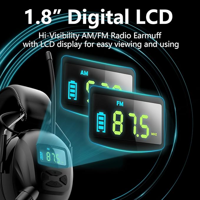 Hearing Protection AM FM Radio Headphones with 2000mAh Rechargeable Battery, 30dB SNR Noise Reduction Safety Earmuffs Protector, Up to 45H Radio Listening Time for Mowing Lawn Work