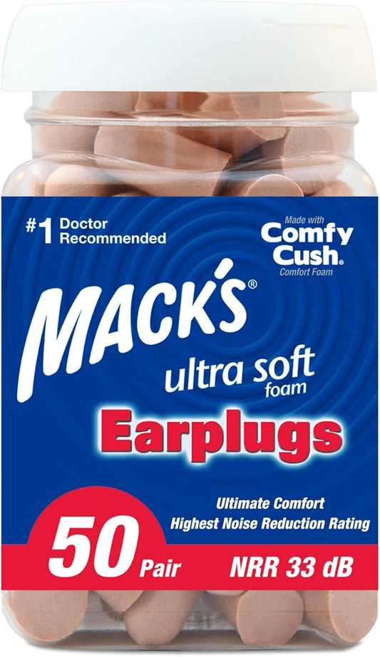Mack's Ultra Soft Foam Earplugs, 50 Pair - 33dB Highest NRR, Comfortable Ear Plugs for Sleeping, Snoring, Travel, Concerts, Studying, Loud Noise, Work | Made in USA
