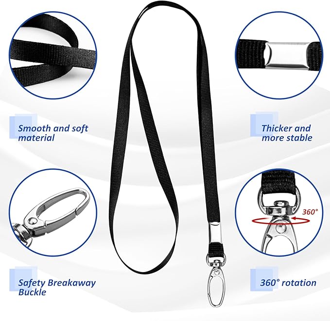 50Pcs Black Lanyard for ID Badges Nylon Flat Lanyard with Swivel Hook Bulk Lanyards for Office, School, Conference