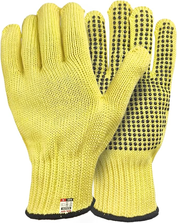 Heat Cut Resistant Gloves,Aramid leather Oven Gloves with Fingers,Heat Resistant Up to 450°F, Thick Knit Grill Mitts (silicone beads, Small)