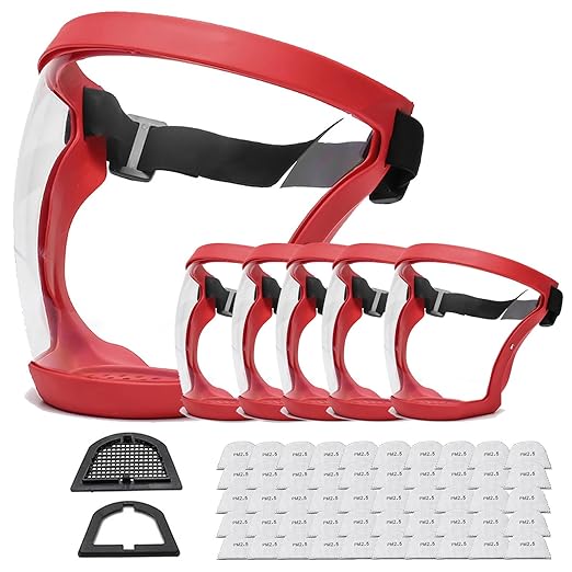 Anti-Fog Full Face Active shields Protection Visible Expression Transparent Breathable Comfortable Adults Reusable (Red, 5PCS) (JZY-0010)