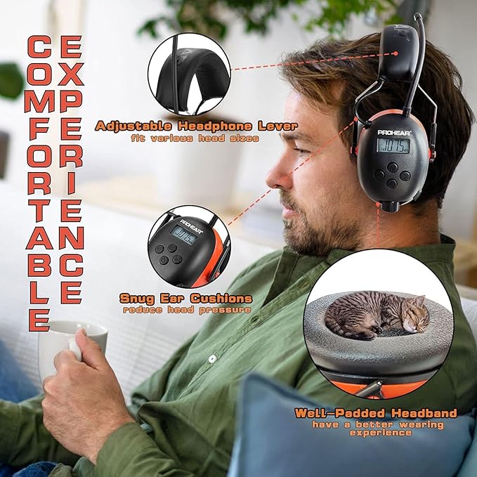 PROHEAR 027 AM FM Radio Headphones with Digital Display 2 pack, 25dB NRR, Safety Ear Protection Earmuffs for Mowing, Snowblowing, Construction, Work Shops - Orange and Green
