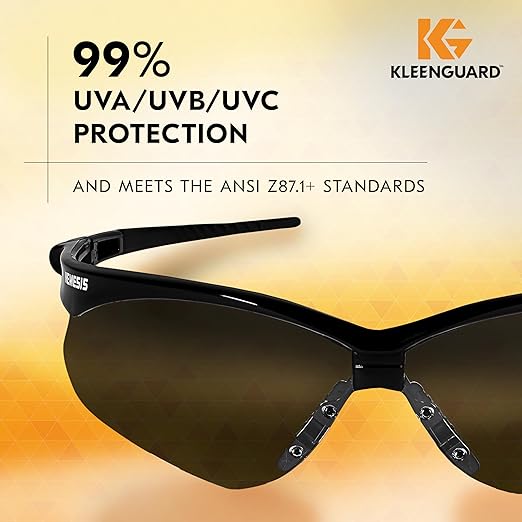 KleenGuard™ V30 Nemesis™ Safety Glasses (25688), with Mirror Coating, Smoke Lenses, Black Frame, Unisex Sunglasses for Men and Women (Qty 12)