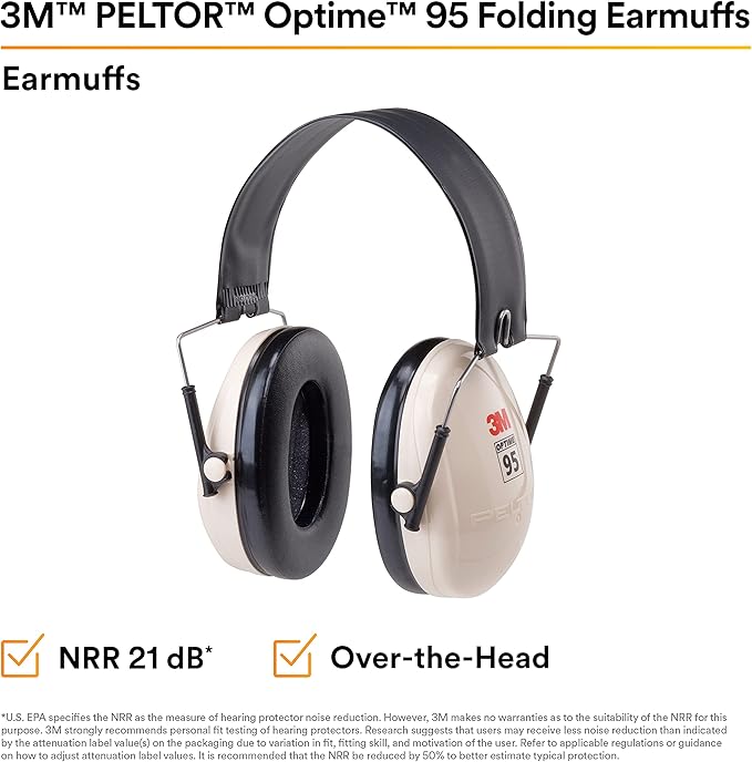3M PELTOR Hearing Protection Optime 95 Earmuffs, Adjustable Earcups, E-A-Rfit Compatible, Stainless Steel