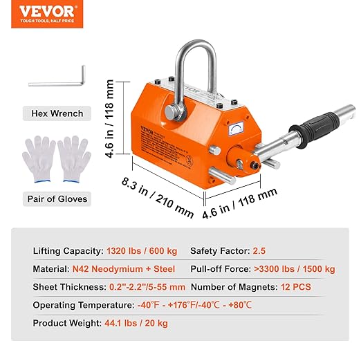 VEVOR Magnetic Lifter, 1320 lbs/600kg Pulling Capacity, 2.5 Safety Factor, Steel and Neodymium, Lifting Magnet with Release, Permanent Lift Magnets, Heavy Duty Magnet for Hoist, Block, Shop Crane