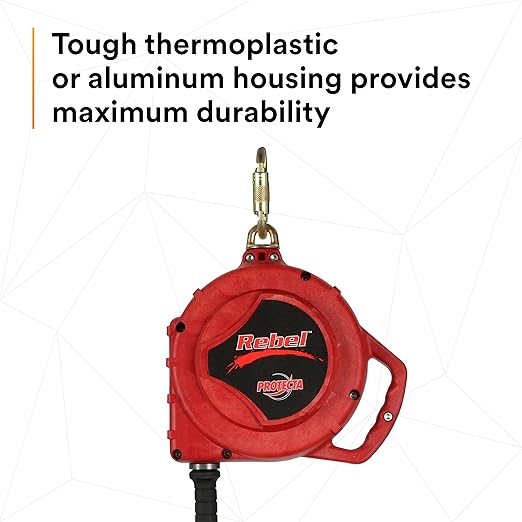 3M Protecta Rebel 3590550 Self Retracting Lifeline, 50' Galvanized Cable, Thermoplastic Housing, Carabiner, 420 lb Capacity, Red