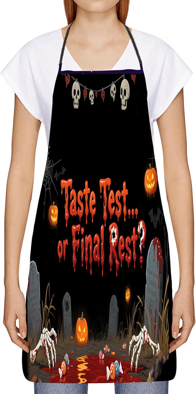 Halloween Aprons Gifts for Women Mens Taste Test or Final Rest? Cooking Apron, Funny Gift for Him Her,His Hers (1 Pcs)